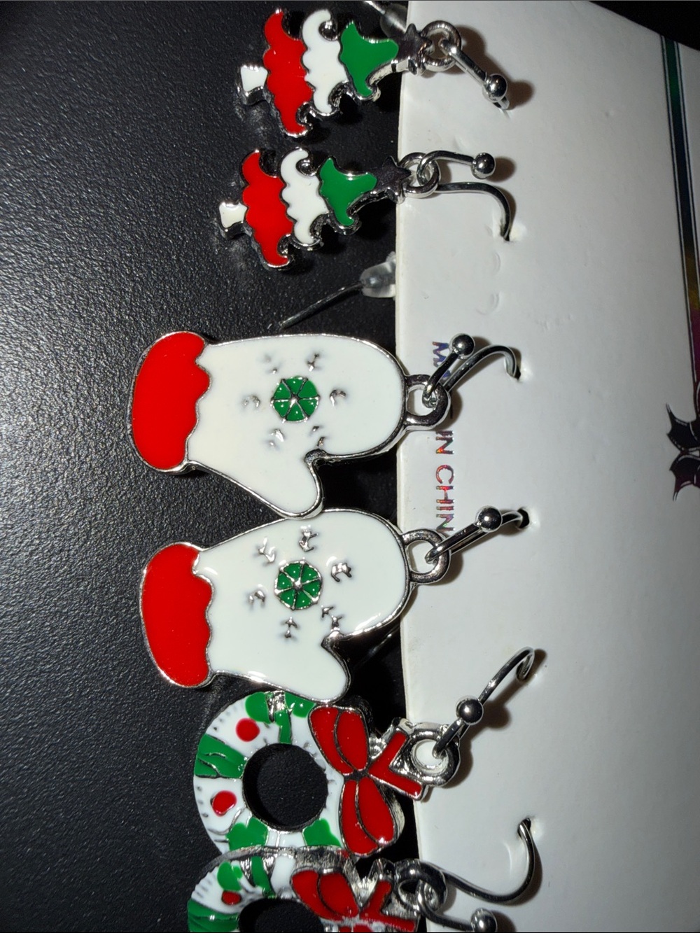 Mint Red White Green Holiday Mitten and Wreath Dangle Earrings